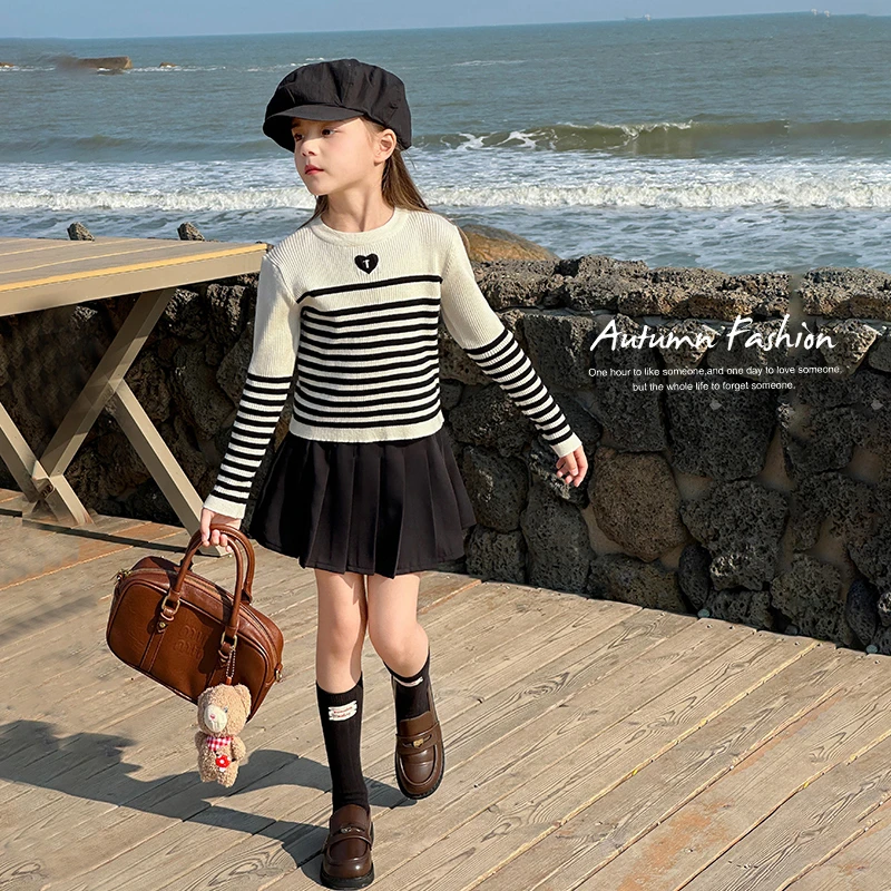 图图小象女童针织打底衫2025春秋款休闲条纹T恤亲子长袖BCT091