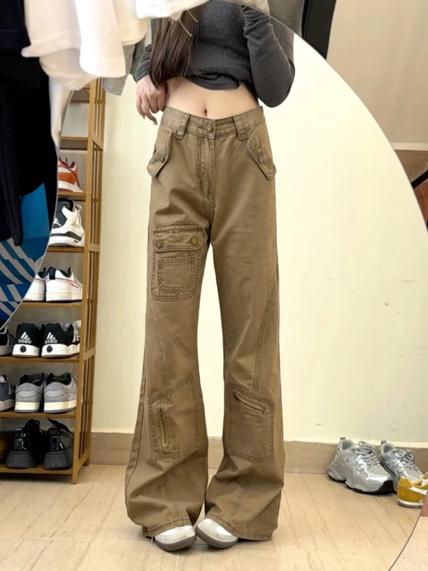SUQINGHE美式复古多口袋工装裤女直筒微喇立体显瘦水洗休闲长裤子
