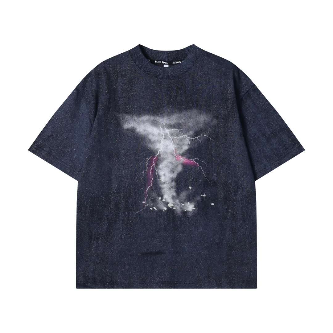 夏季高级感新款个性满天星闪电龙卷风圆领短袖T恤百搭潮流上衣