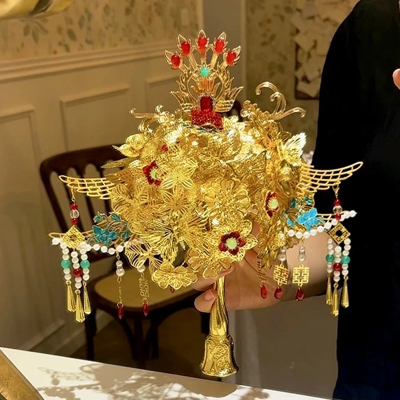 黄金色手捧花结婚diy礼物高级手工新婚闺蜜团扇中式婚礼新娘秀禾