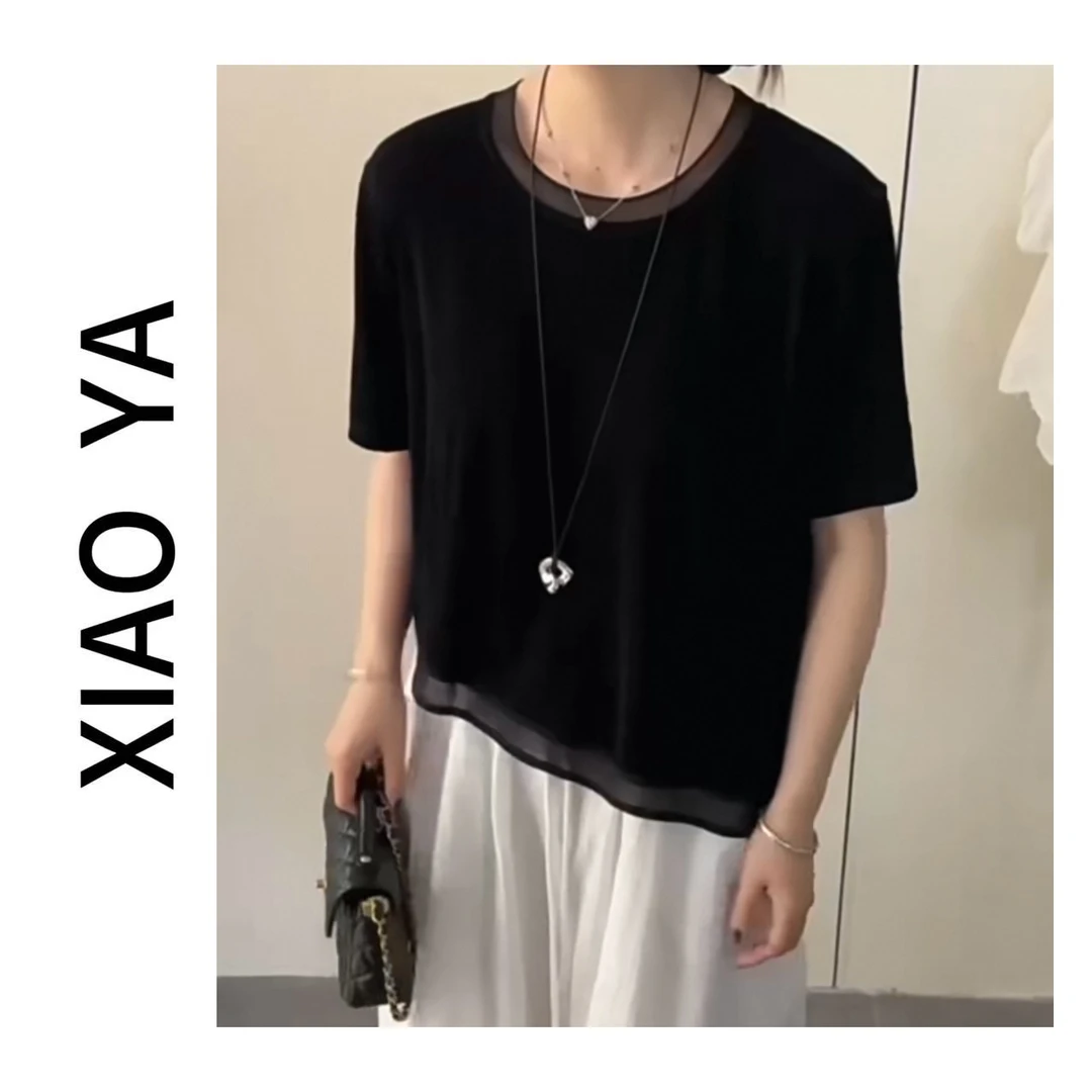 2837夏季新款简约气质拼接网纱醋酸垂感百搭上衣