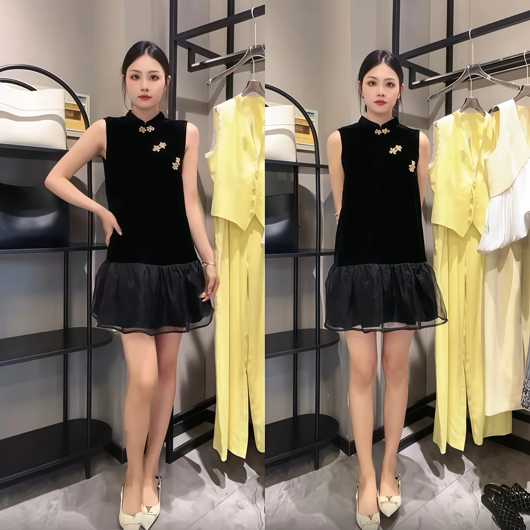 新中式国风气质百搭连衣裙流行时尚中长款黑色背心裙洋气款