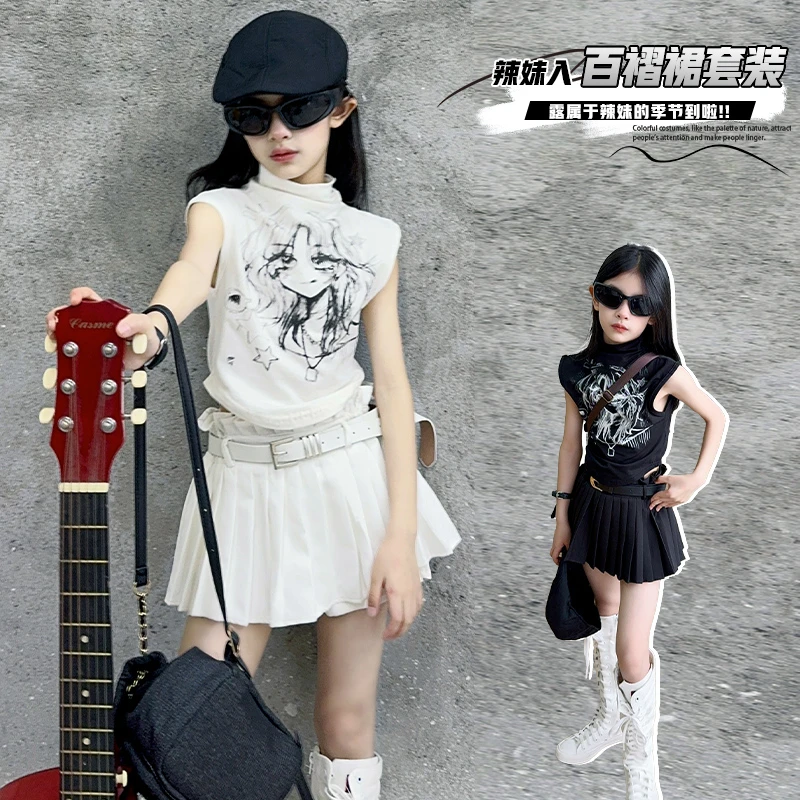 【毛妈潮牌】女童夏季无袖印花T百褶裙套装2025新款大童气质裙套装