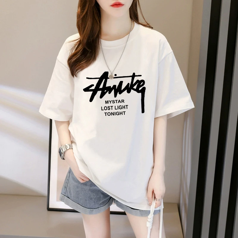 2025夏季新款圆领白色短袖t恤女衣服宽松休闲中长款遮臀显瘦上衣