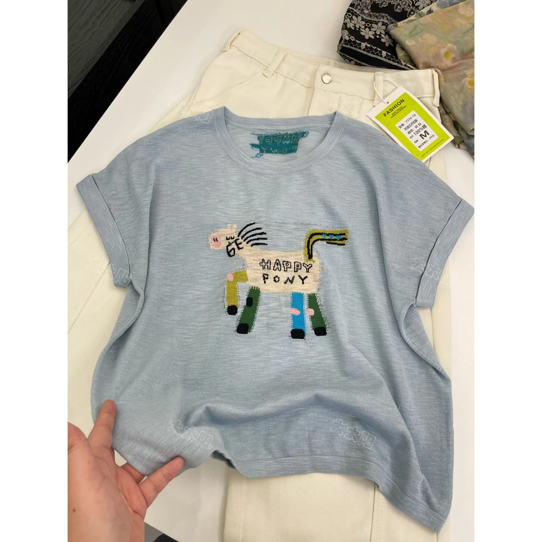 /阳光小马/亲肤凉爽醋酸麻小马提花宽松百搭短袖2025夏 95189