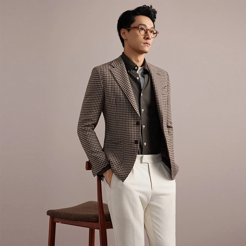 【复古色织提花】秋冬经典咖色千鸟格羊毛单排扣西服外套男小西装