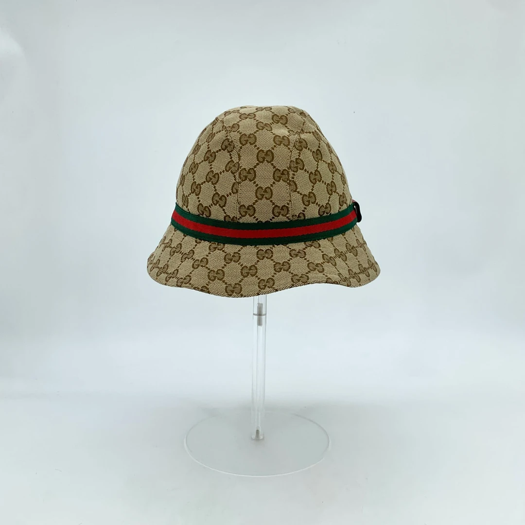 99新 GUCCI/古驰 HW0934 棕色logo提花满印棉质休闲渔夫帽 L码