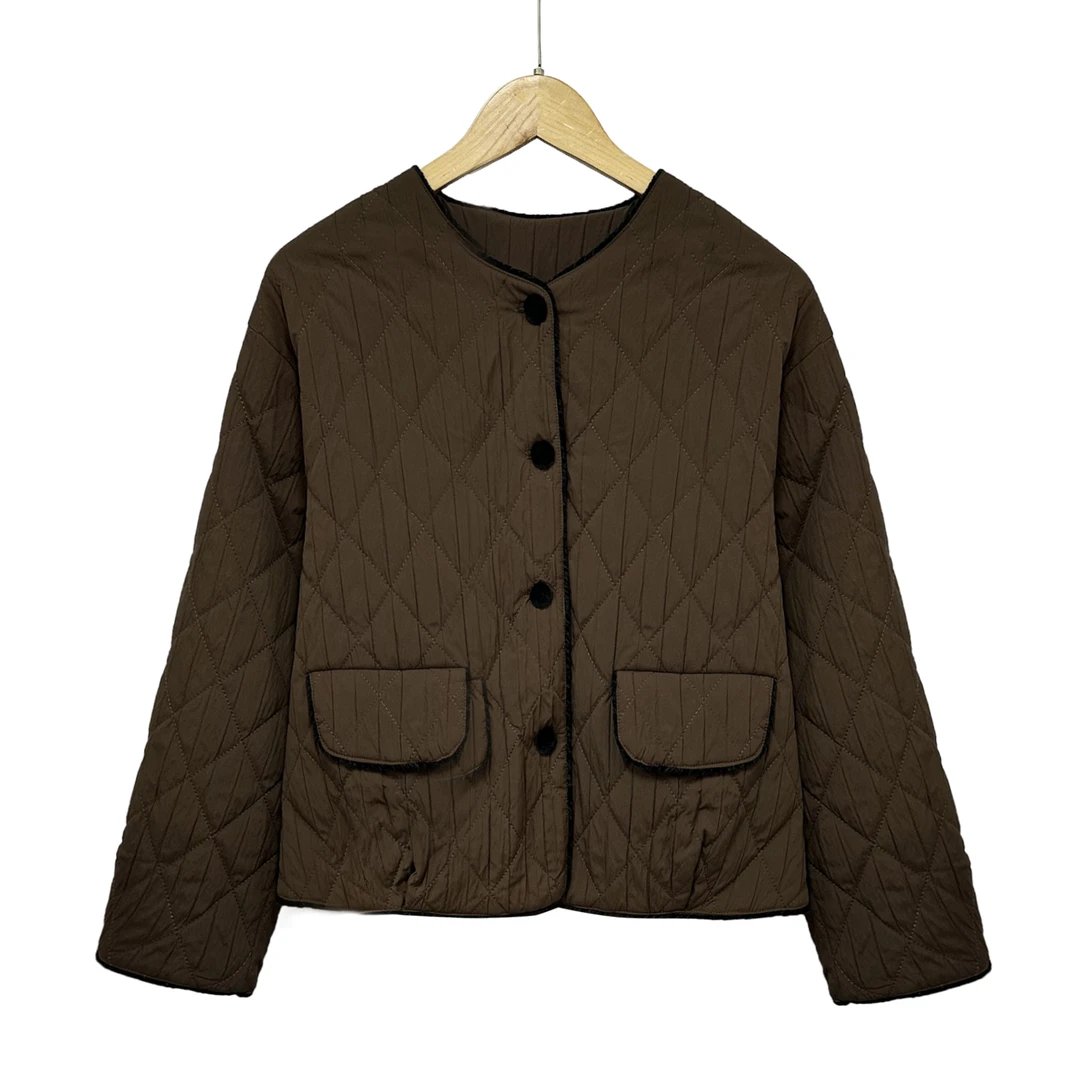 秋冬新品！女士秋冬季时尚圆领菱格外套E703