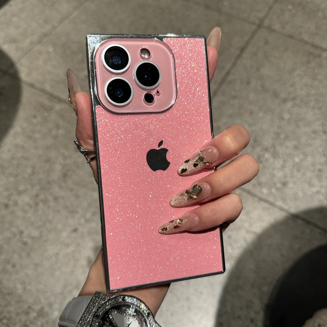 轻奢闪粉方形适用苹果16promax手机壳iPhone15网红14高级电镀13女