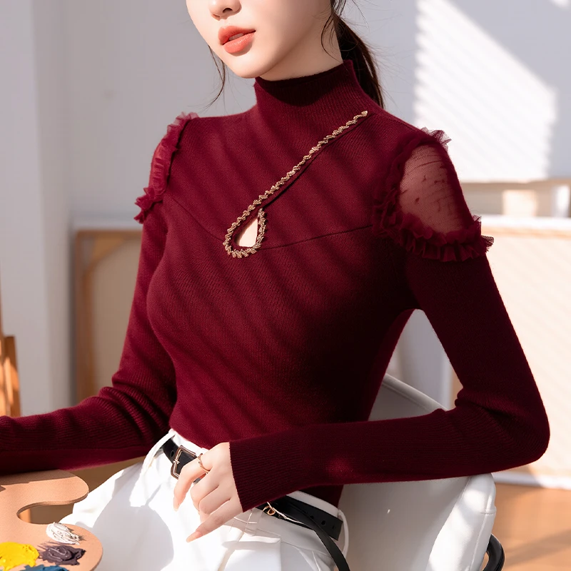 红色半高领长袖毛衣女款爆款2025新款洋气打底衫内搭针织衫上衣服