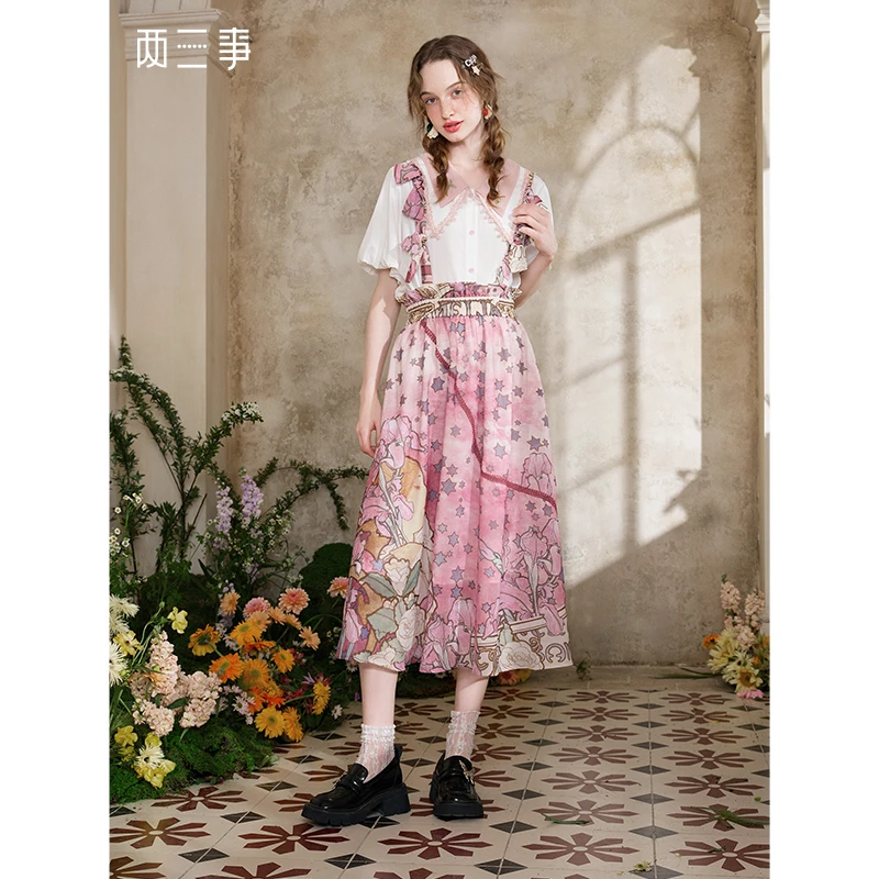 【芋总专属】两三事芙罗拉语甜美印花蝴蝶结背带半身裙长裙