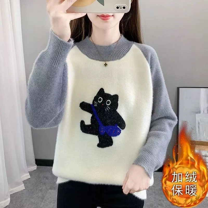 冬装半高领加厚女孩毛衣女初中生大童加绒保暖内搭高中生打底衫