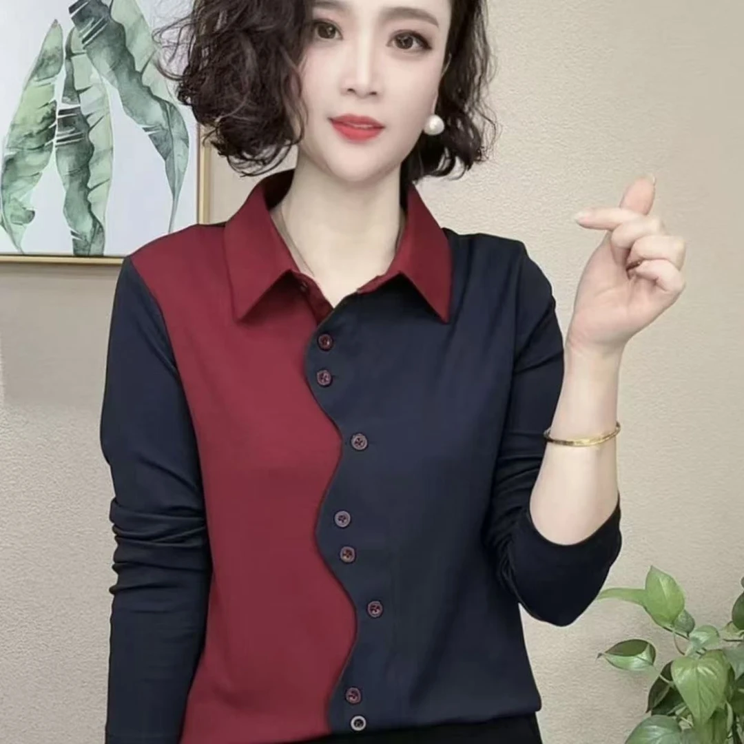 春季新款撞色时尚设计感妈妈装洋气减龄显瘦遮肉拼接长袖衬衫t恤
