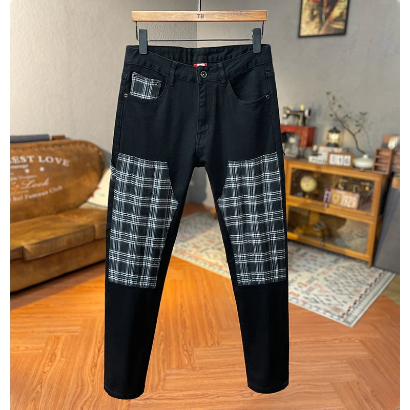高级感个性设计撞色拼接时尚牛仔裤男秋季新款黑色弹力修身小脚裤