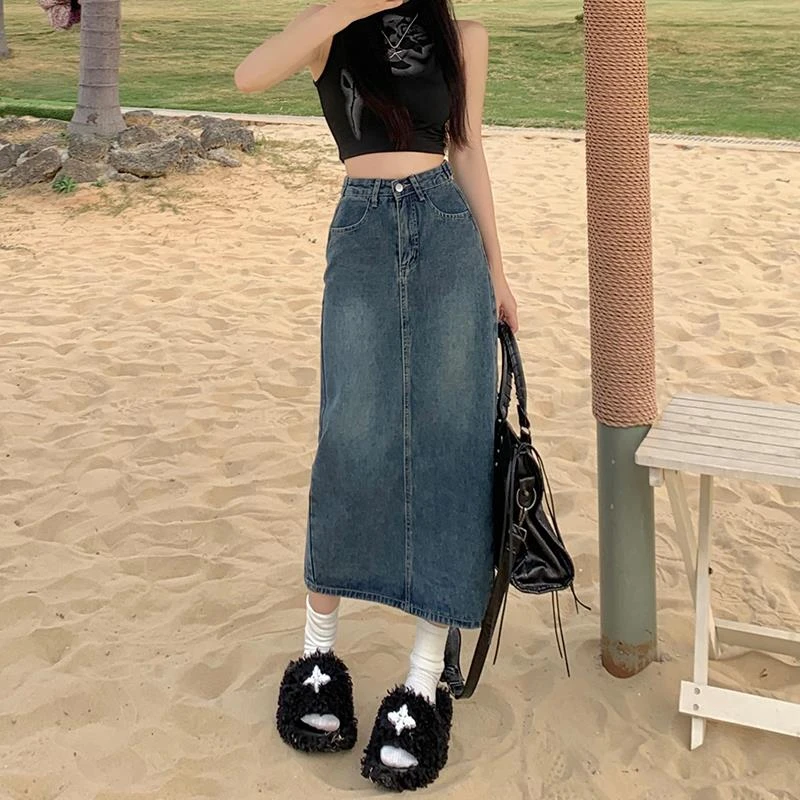 开叉牛仔半身裙女夏季新款2025爆款高腰腰围可调设计感a字包臀裙