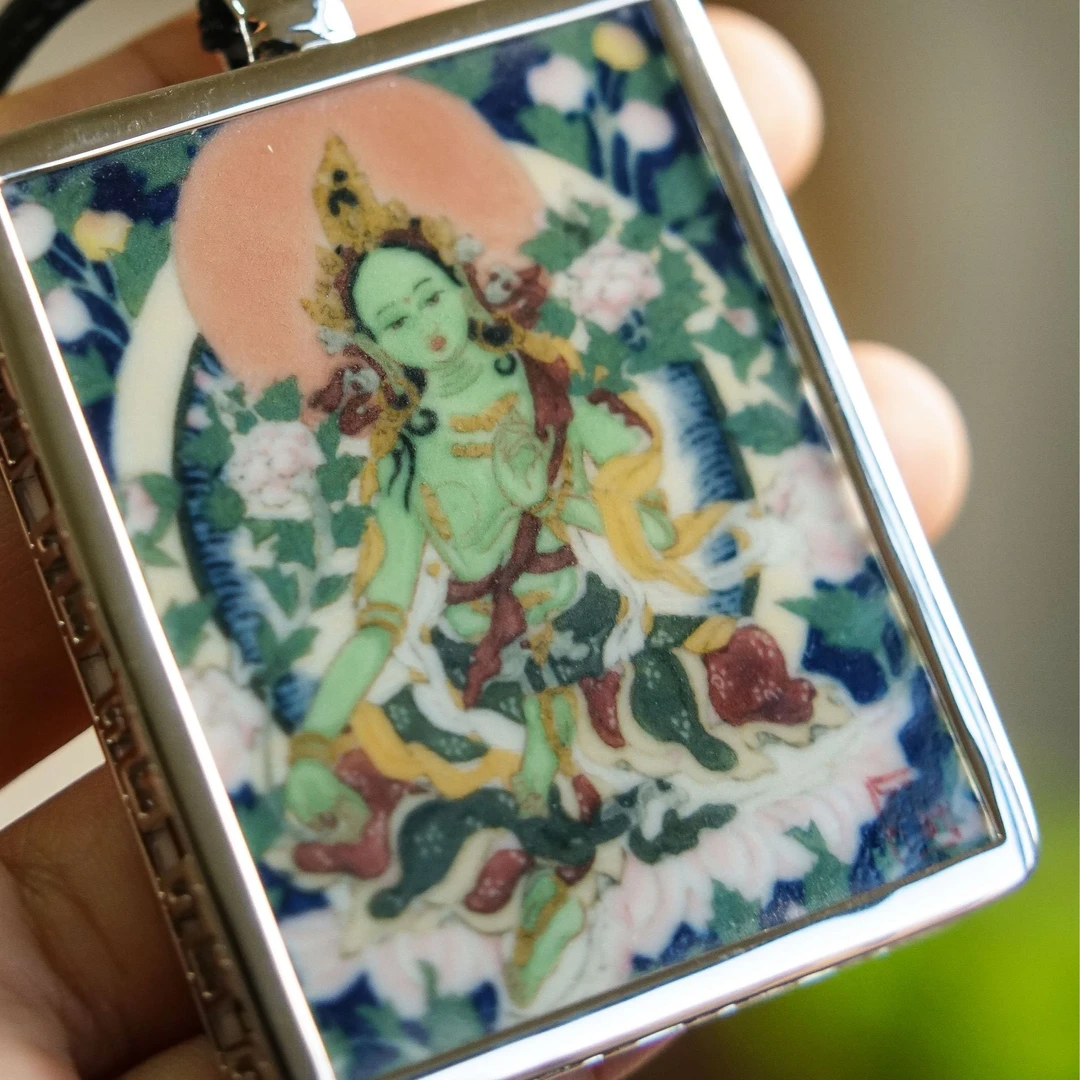 设色窑唐卡绿度母佛牌