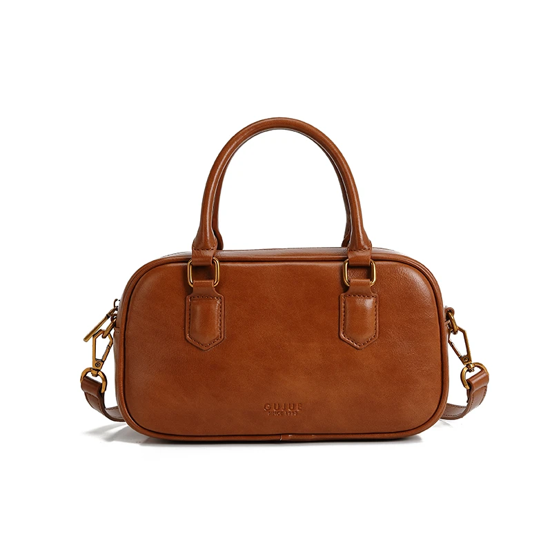 GUJUE/夏季新款轻奢百搭大容量保龄球包斜挎包轻奢头层牛皮斜挎包