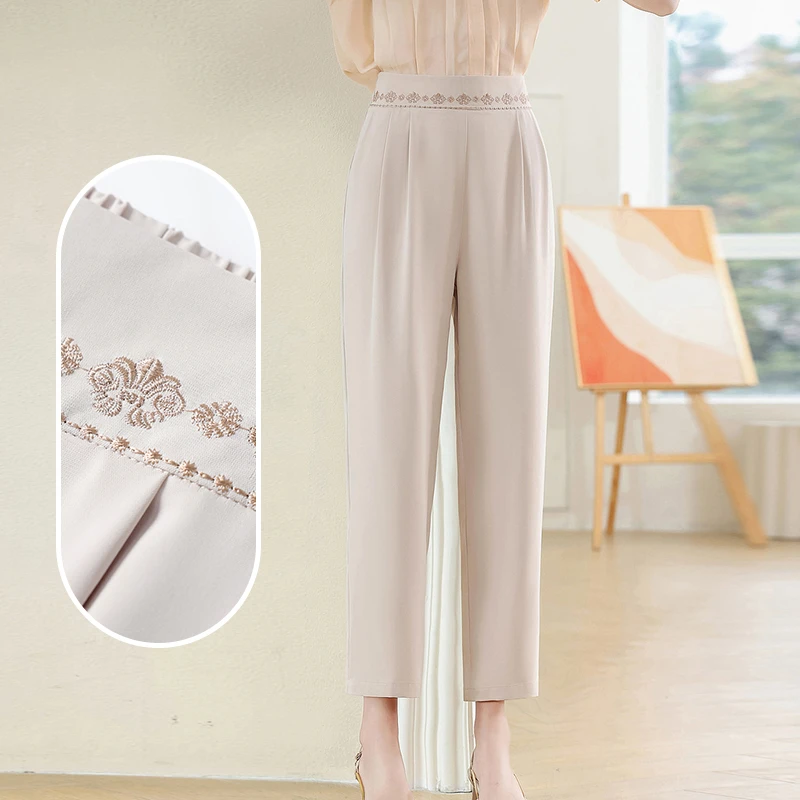 中年妈妈夏季薄款烟管裤小脚裤婆婆高腰刺绣九分直筒裤百搭夏季裤