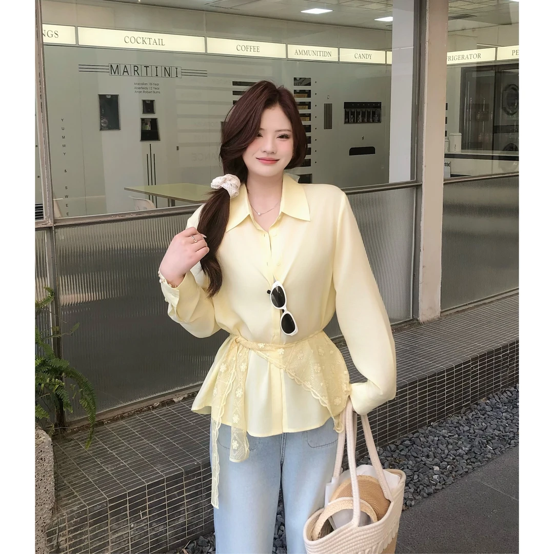 念念&李潇洒【冷萃茉莉】微胖大码女装春季百搭可拆卸蕾丝披肩衬衫