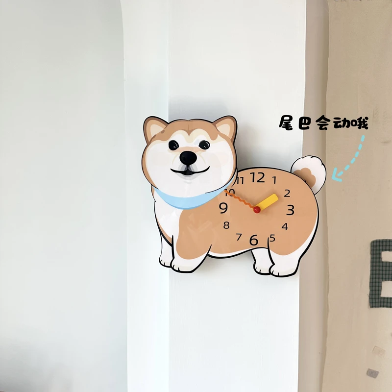 卡通柴犬秋田狗狗摇摆款创意装饰挂墙钟表客厅儿童房静音时钟挂钟