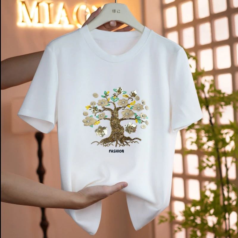 凉感升级【发财树】重工刺绣夏季天丝面膜T宽松微胖t恤