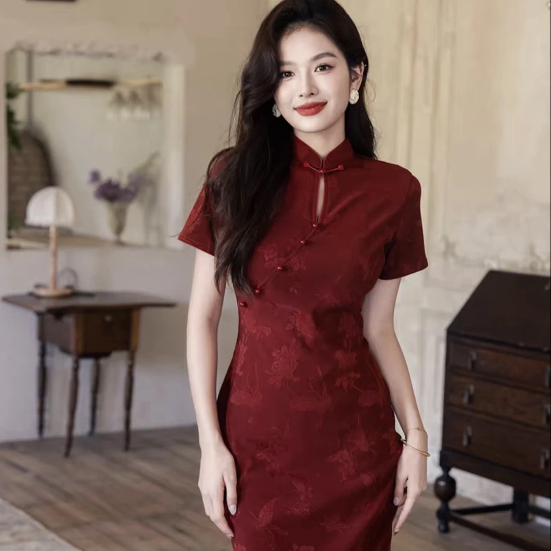 短袖新款旗袍秋新款红色订婚结婚弹力修身显瘦新中式连衣裙S-3XL