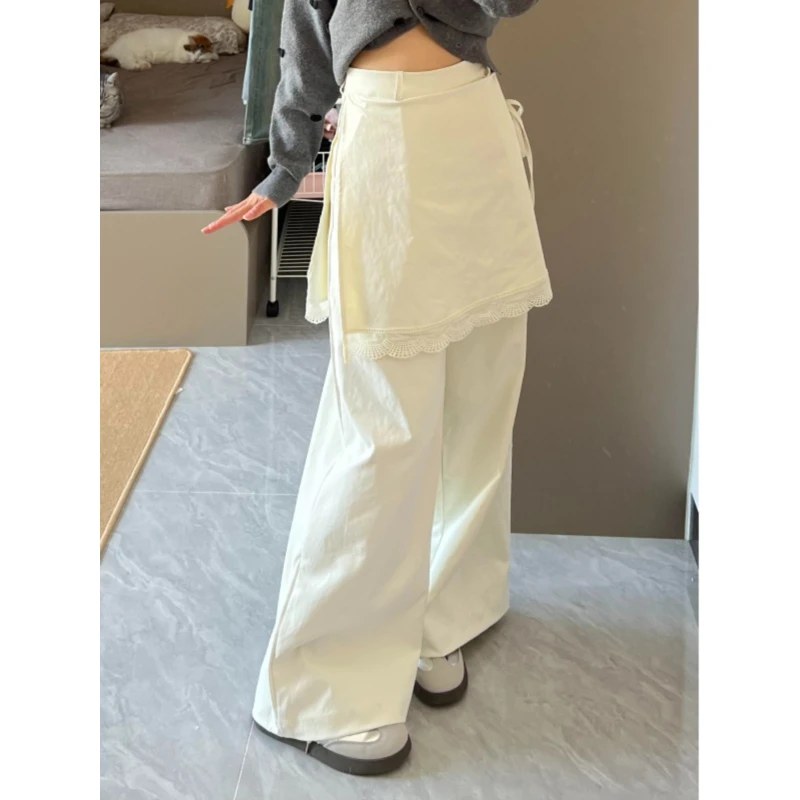 设计感叠穿屁帘蕾丝拼接阔腿裤大码女装春季高腰显瘦假两件休闲裤