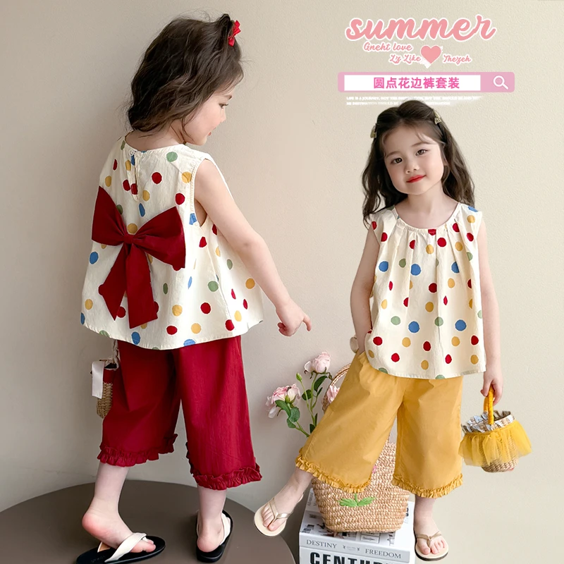 女童韩系套装甜美洋气儿童夏装无袖蝴蝶结娃娃衫阔腿裤子两件套潮
