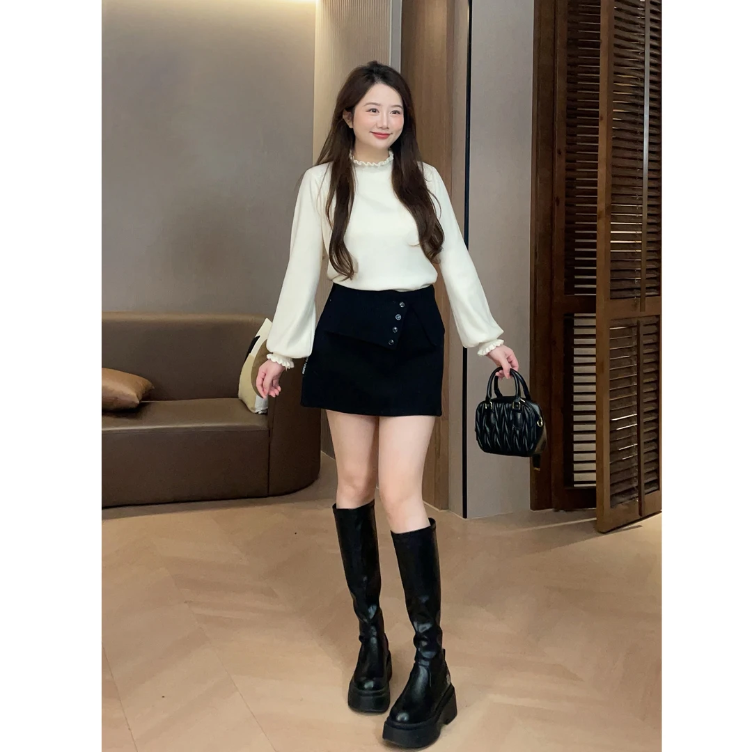 大萌萌 设计感高腰拼接半裙+百搭半高领打底衫微胖显瘦P225G21911