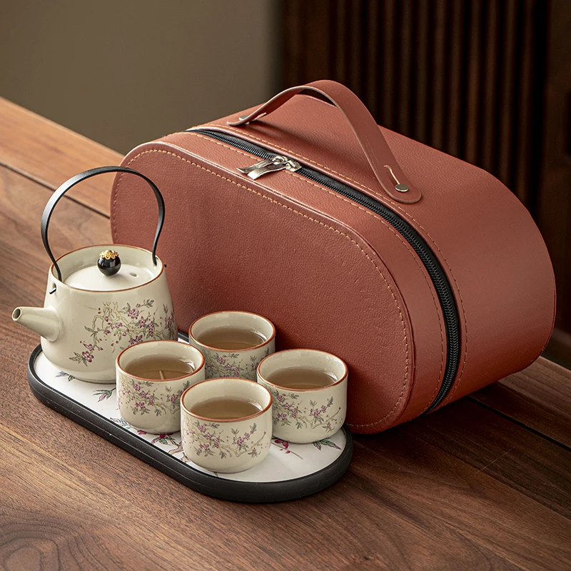 紫藤花汝窑提梁壶茶杯茶台小套组防烫泡茶壶旅行功夫茶具陶瓷家用