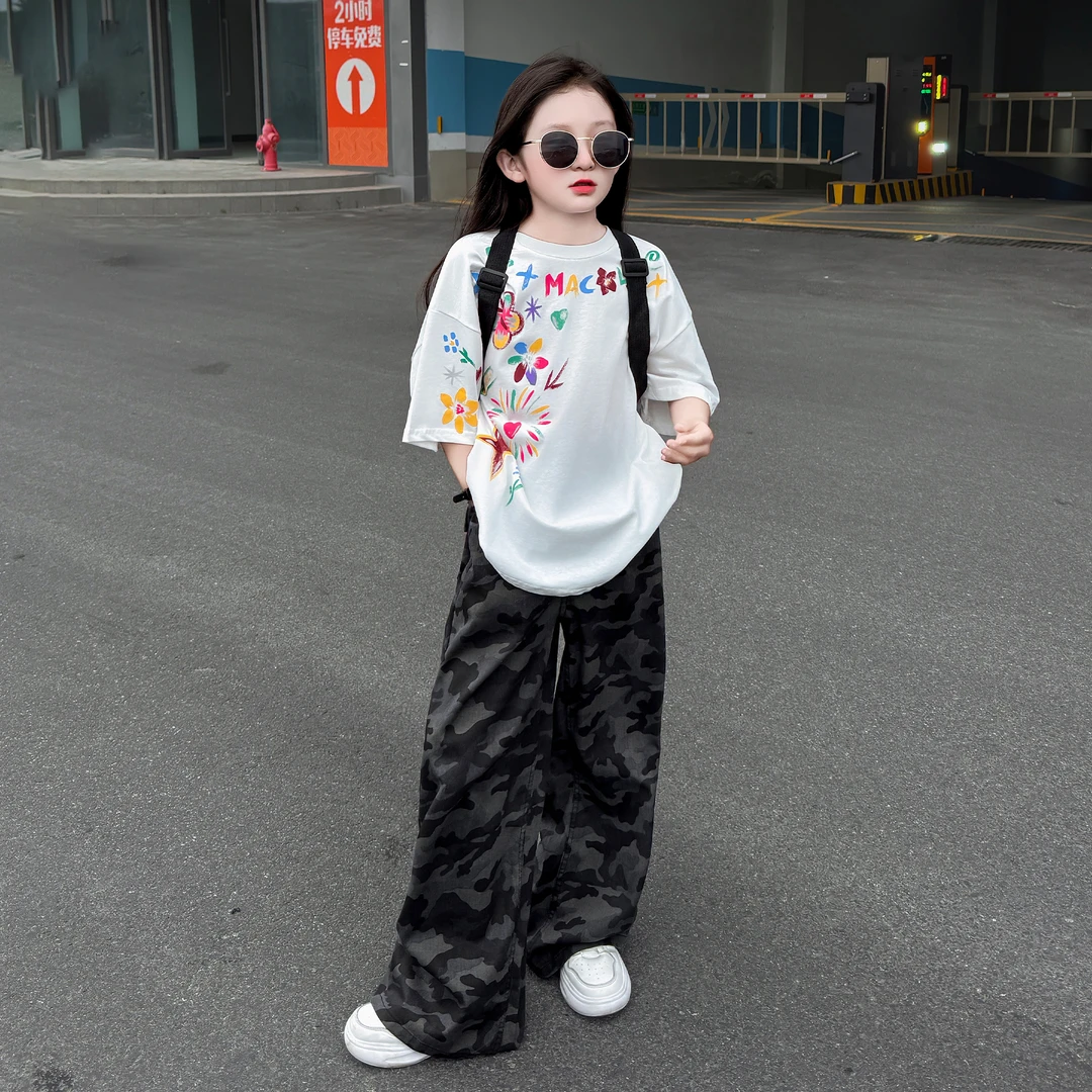 女童夏季2025新款个性韩版宽松休闲T恤炸街美式迷彩裤两件套潮酷