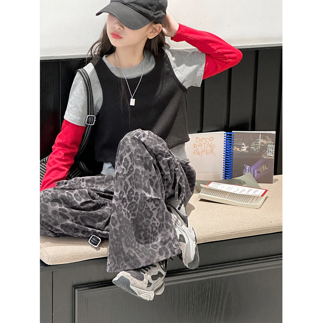 K29608孙小美女童上衣套装2025秋装新款儿童T恤背心两件套设计感