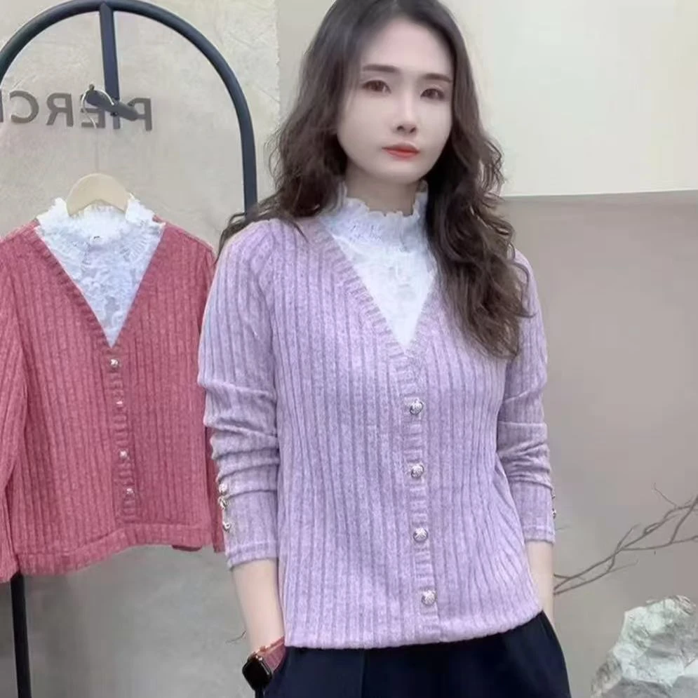 清清【拼接领假两件】女士春季外穿半高领拼接蕾丝领显瘦长袖打底衫