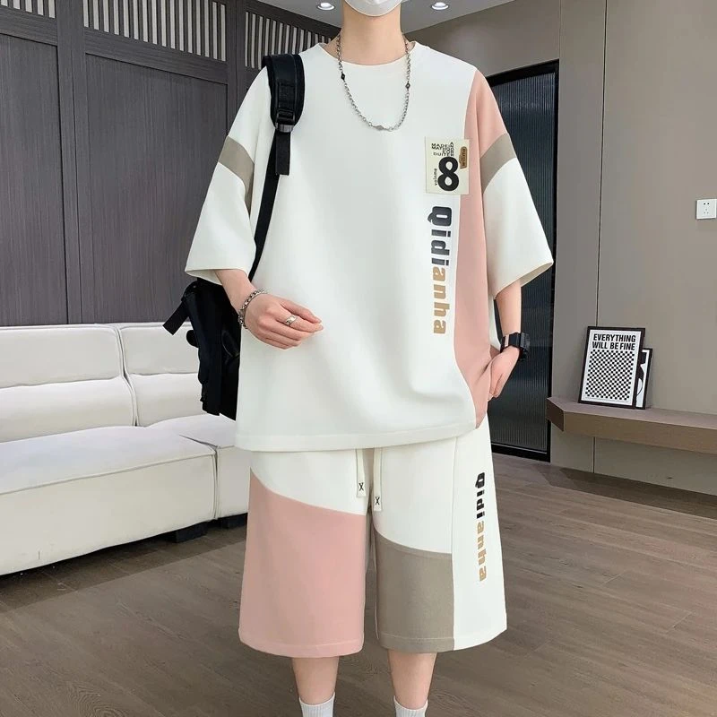 宽松大码短裤夏季青少年胖子休闲运动套装运动服薄款韩版撞色时尚