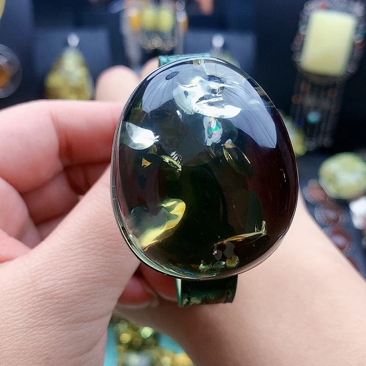 琥珀裸石银S925镶嵌手镯