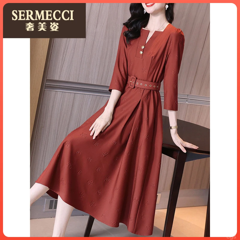 秋季新款遮肚子高腰a字洋气时尚减龄时髦气质红色七分袖连衣裙女