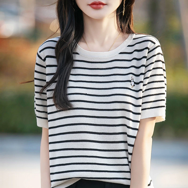 条纹小兔子时尚百搭修身洋气显瘦短袖 1025