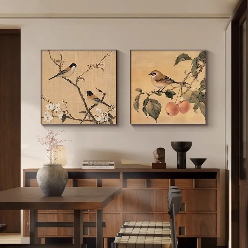 新中式餐厅装饰画宋代美学壁画国风复古禅意花鸟画饭厅餐边柜挂画