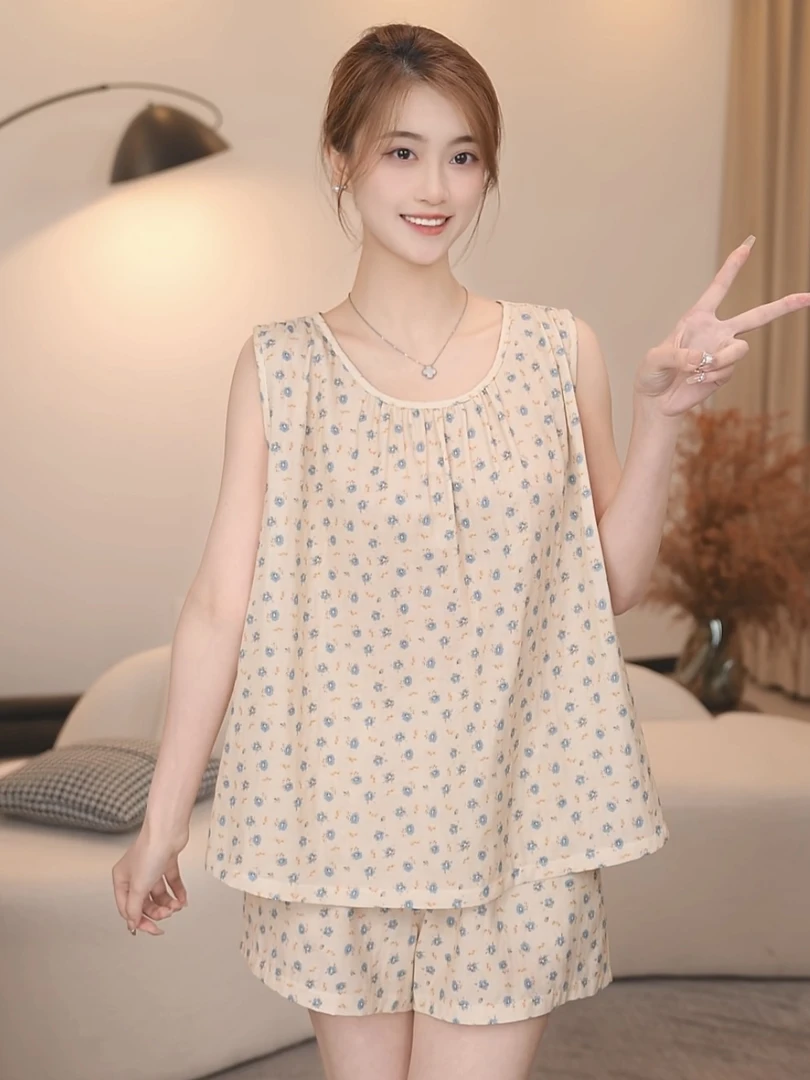 板栗小姐【荷露】夏季短袖短裤纯棉精梳棉双层纱睡衣居家服舒适套装