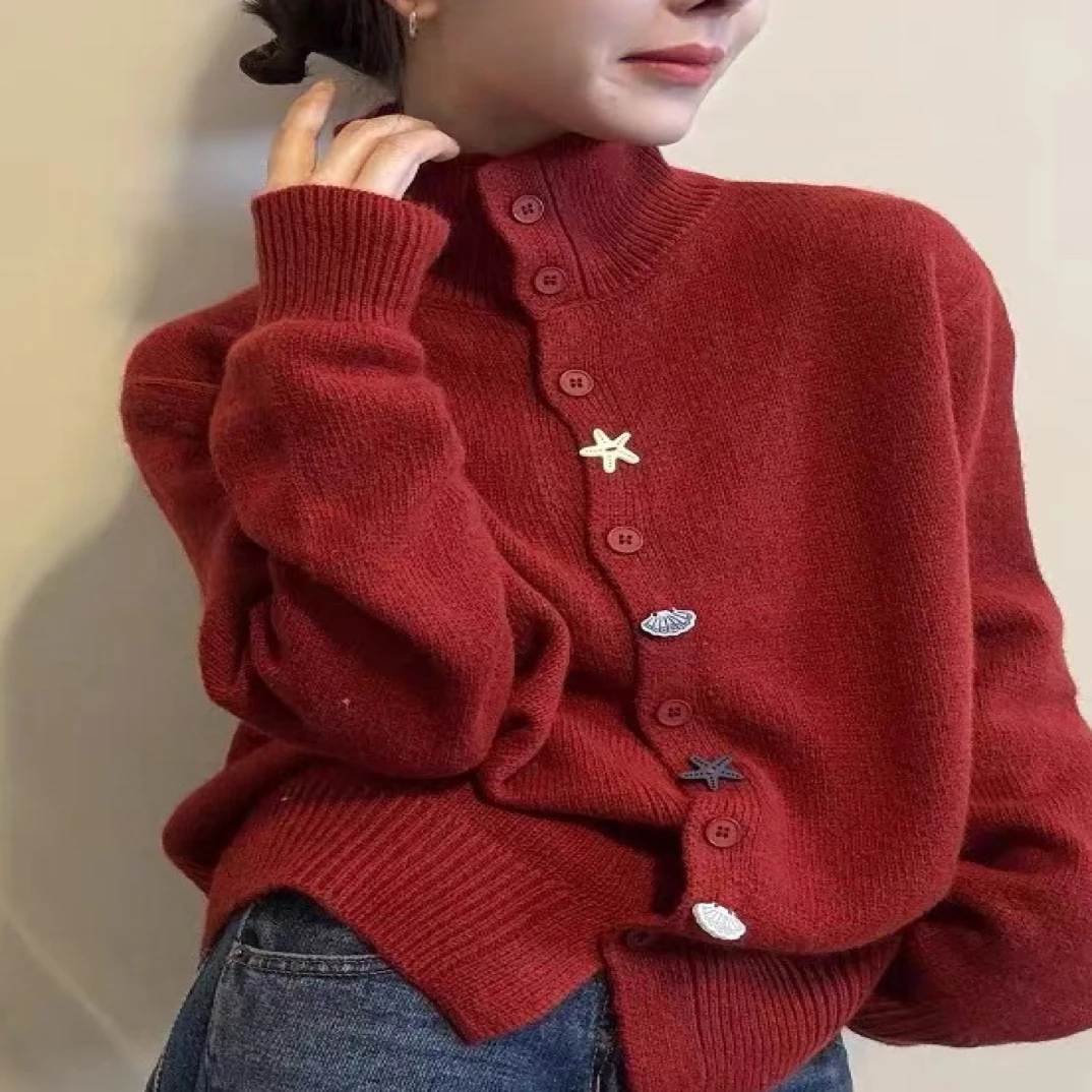 BADX正品纯色立领海星纽扣长袖毛衣外套女25冬季宽松百搭针织开衫