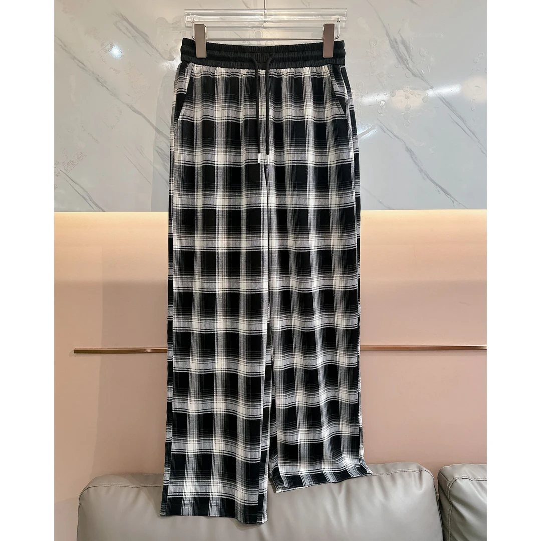 怡特美【别具一格】夏季凉感时尚宽松显瘦休闲格子垂感直筒长裤8832