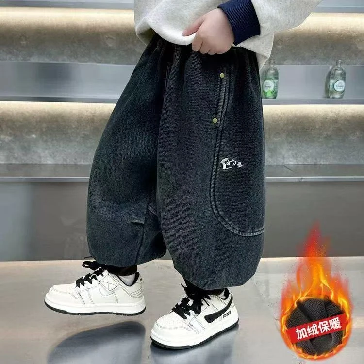 男童牛仔裤加绒秋冬款2025新款儿童痞帅一体绒裤子宝宝炸街灯笼裤