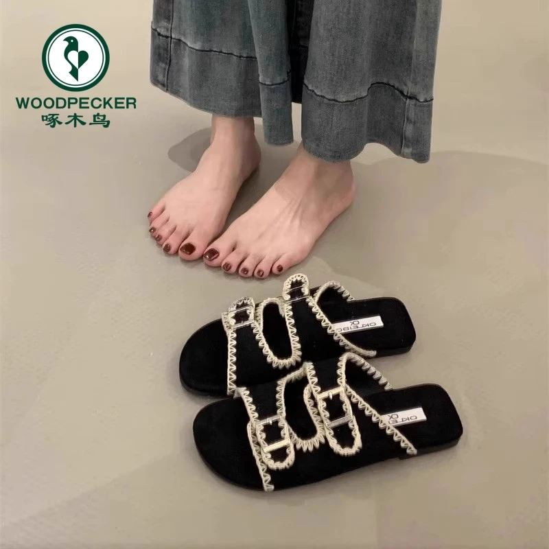 啄木鸟厚底蕾丝勃肯凉拖鞋女2025新款夏季外穿皮带扣一字拖沙滩鞋