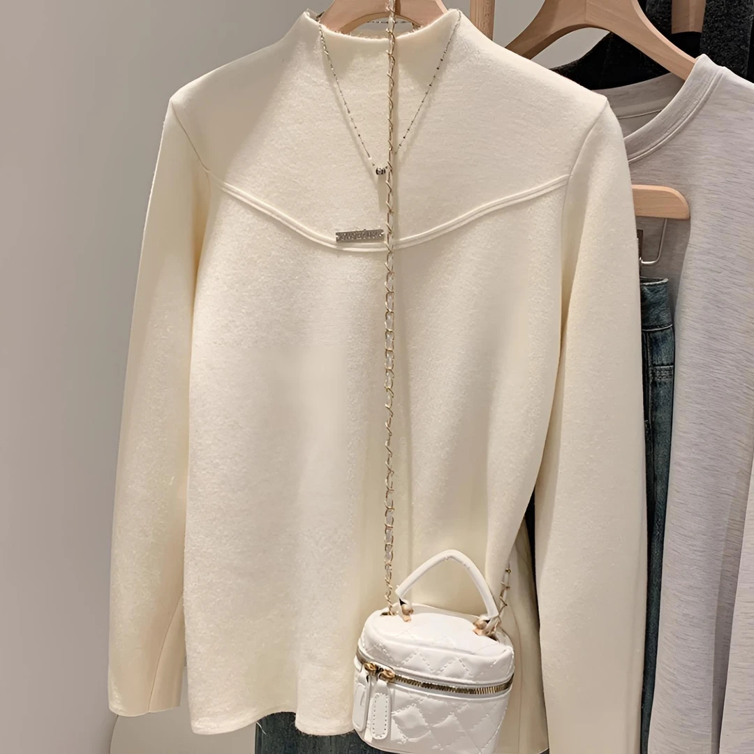 YOYO针织打底衫女秋冬季半高领毛衣内搭叠穿杏色百搭加绒加厚长袖