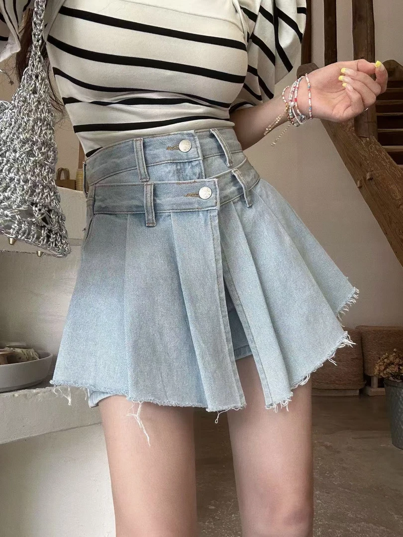 【HuiHui】东大门新款做旧水洗蓝系扣牛仔短裙裤（H8700）