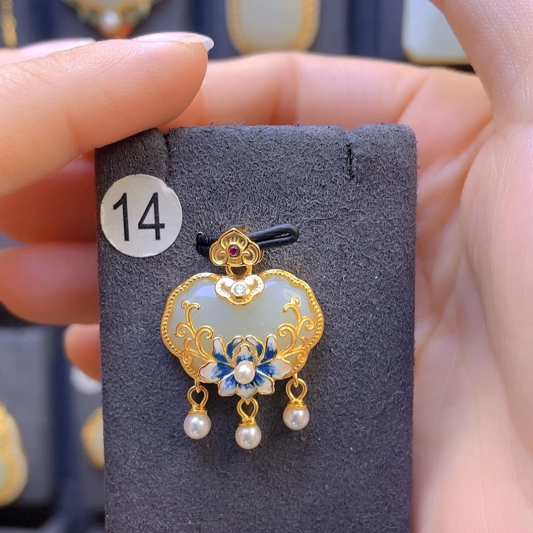 和田玉颈饰银S925镀金镶嵌