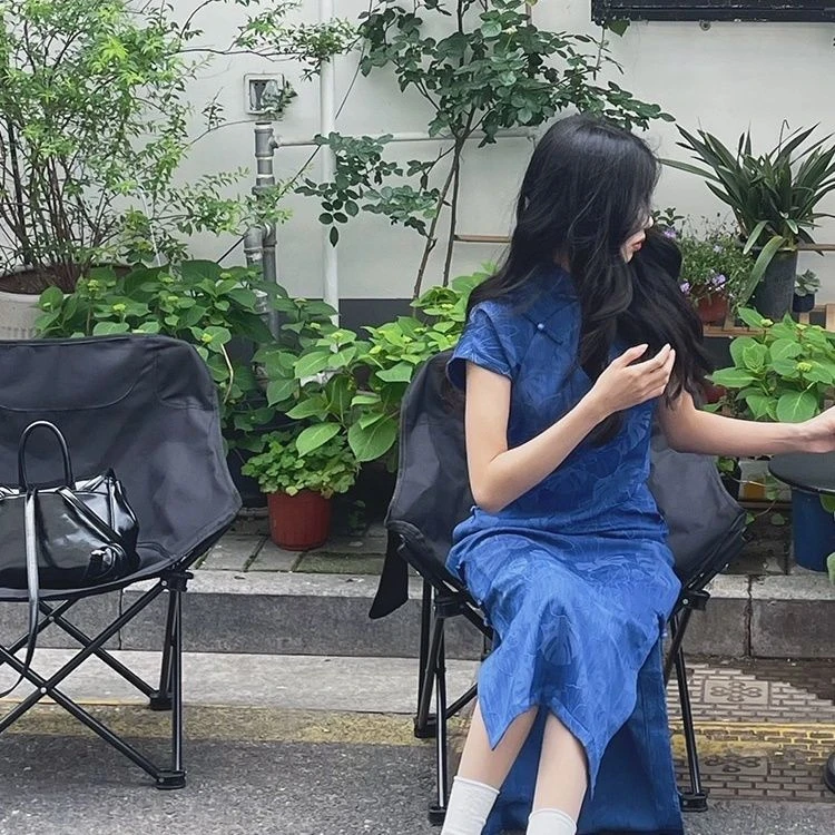 因蓝古法旗袍2025新款年轻款少女日常蓝色民国风复古优雅夏季宽松