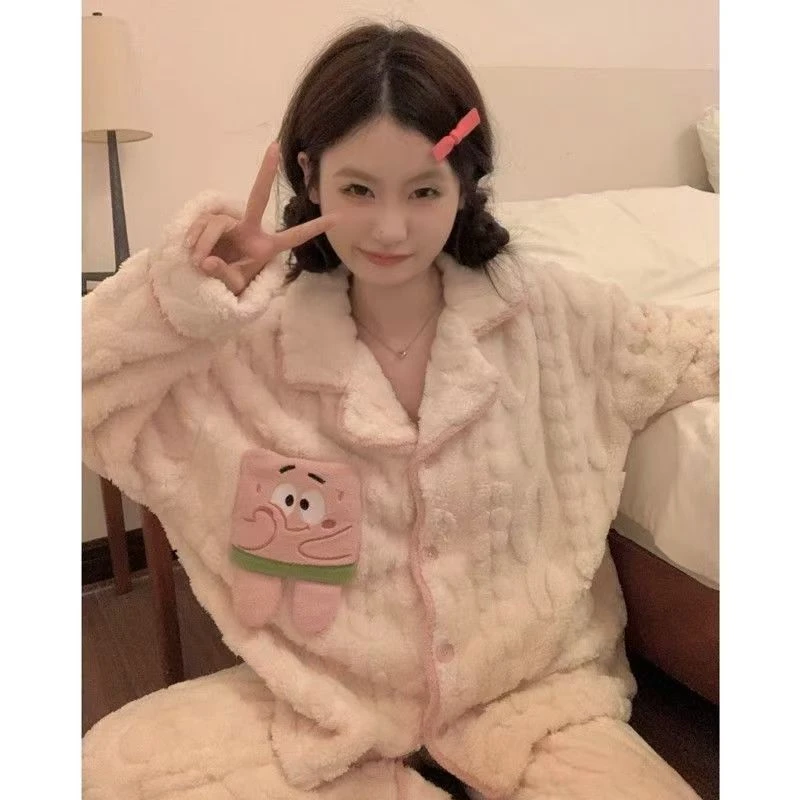 海绵宝宝睡衣女秋冬季加厚珊瑚绒2023年新款法兰绒家居服开衫套装