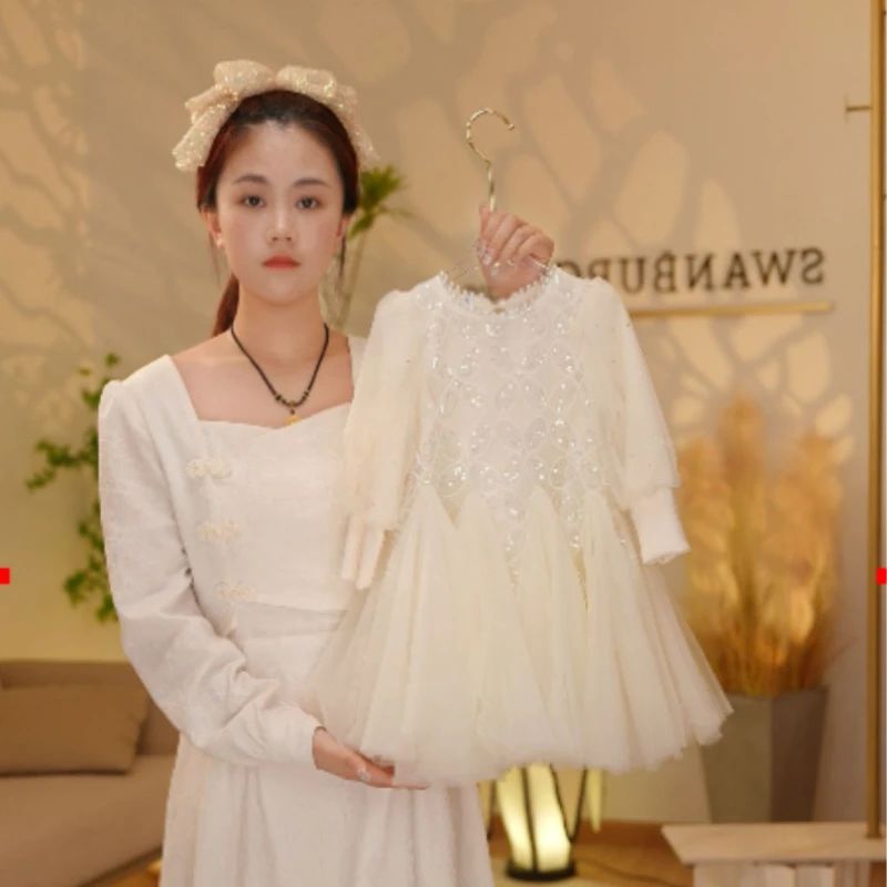 （现货）【Y.a28001】25新款长袖时尚女童连衣裙重工泡泡袖女童公主裙