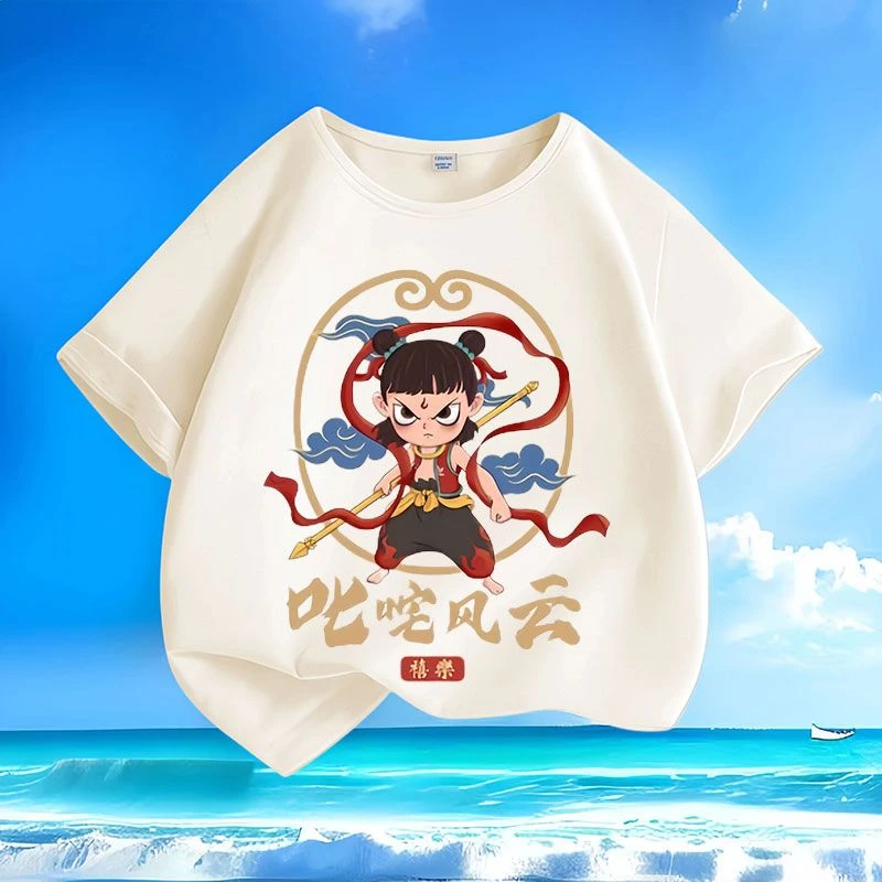 爆款哪吒魔童夏季薄款男女小中儿童短袖新款圆领宽松休闲上衣T恤